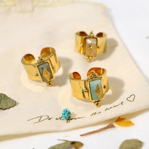 Vintage Stainless Steel Ring Natural Stone Star Inlay Bohemian Adjustable Open Band Jewelry Gift For Women