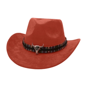 Detail of red cowboy hat with woven ethnic band and silver bull skull ornament