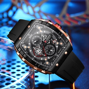 Detail view of quartz chronograph watch with black silicone strap and date function