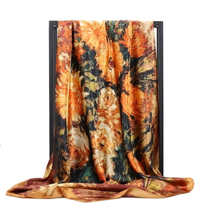 Vintage sunflower oil painting print satin silk scarf hanging on a minimalist metal frame