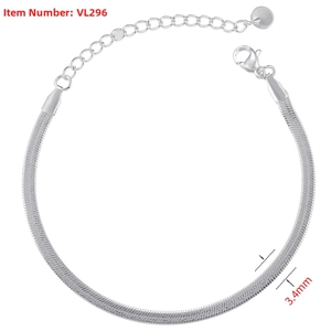 Detailed view of 3.4mm flat silver snake chain with lobster clasp and extender