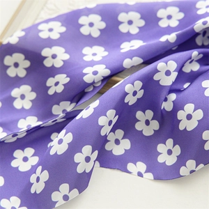 Periwinkle blue floral satin hair ribbon scarf with elegant white flower print pattern