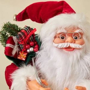 Classic Santa Claus doll with red velvet outfit and green gift sack for holiday decor
