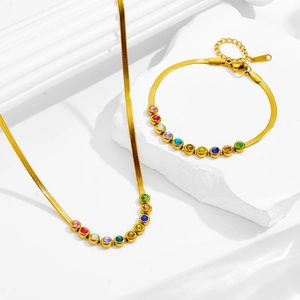 Gold stainless steel snake chain jewelry set with vibrant multi-colored zircon stones