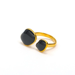French style irregular gold open ring with dual black geometric charms for women