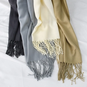 Solid cashmere-like scarves with tassels in grey, beige and khaki colors for winter