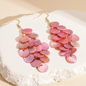 Pink shell disc tassel drop earrings with gold hooks for beach vacations