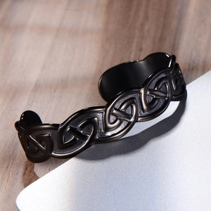 Polished black stainless steel Viking Celtic knot cuff bracelet for men with open design