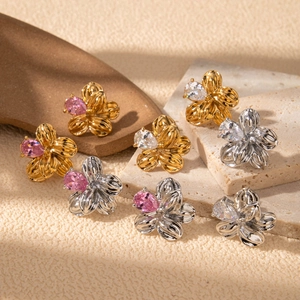 Stainless Steel Flower Stud Earrings With Pear Cut Cubic Zirconia French Retro Elegant Chic Floral Jewelry For Women