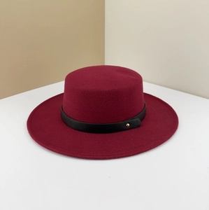 Retro burgundy wool boater hat with black leather belt and gold buckle accent