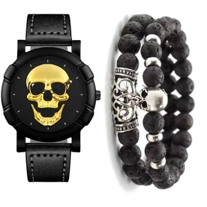 Detail view of punk watch with gold skull dial and black lava stone bead bracelet set