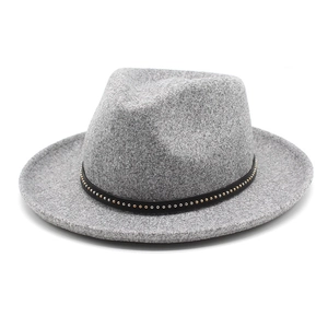 Classic dark grey wool fedora hat with a black studded leather band for men and women