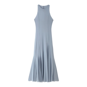 Elegantes Maxi Kleid Aus Mesh Rundhals Ärmellos Plissiert Meerjungfrau Saum Einfarbig Retro Französischer Stil Damen