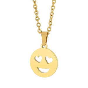 18K gold plated heart smile pendant necklace with minimalist steel chain on white background