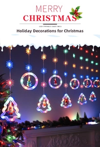 Detailed view of LED Christmas window curtain lights with colorful holiday figurines