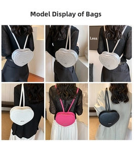Three heart-shaped crossbody bags in white, pink and black shown on a model