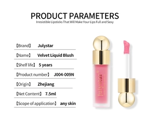 Tableau détaillé des paramètres du blush liquide velours et brillant à lèvres durable
