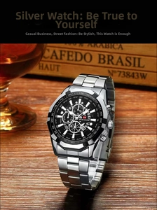 Men's steel watch with three-eye chronograph and tachymeter on a rustic wooden background