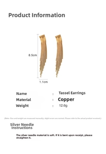 Detail specifications of gold tassel chain earrings with dimensions and material info