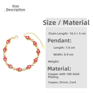 Detailed size chart for the gold-plated Hamsa Hand bracelet with red evil eye charms