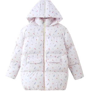 Close-up of floral print hooded puffer jacket with elastic cuffs and full zip closure