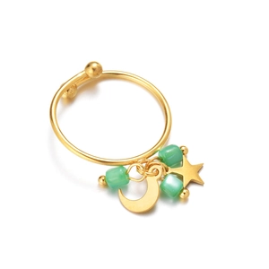Bohemian gold open ring with green beads and celestial star and moon charms