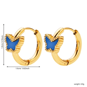 Detail showing dimensions of gold butterfly hoop earrings with blue enamel inlays