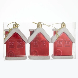 Set of 3 red Christmas house ornaments with faux snow and gold hanging strings
