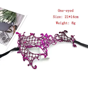Detail of purple lace Halloween masquerade mask with embroidery and size dimensions