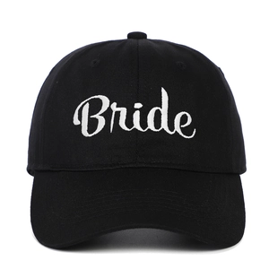 Classic black cotton baseball cap with white embroidered Bride text for wedding parties