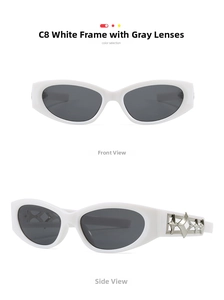 Detail of white Y2K sunglasses with silver geometric hollow decor on the temple
