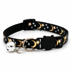 Adjustable black nylon pet collar with gold moon and white star patterns and bell