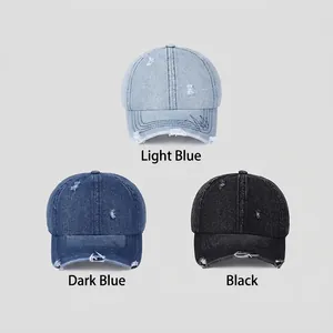 Distressed denim baseball caps for men in light blue, dark blue and black colors