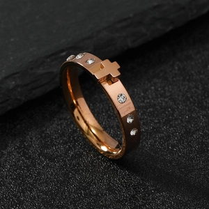 Polished rose gold stainless steel cross ring with sparkling round zircon stones