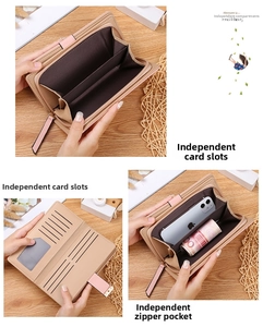 Detail view of long wallet with leaf cutout, multiple card slots and zipper pocket
