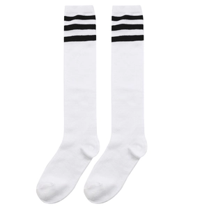 Detailed view of white knee high socks with three black stripes in JK school style