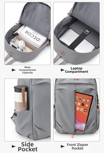 Detailed interior of the grey laptop backpack showing striped lining and padded compartments