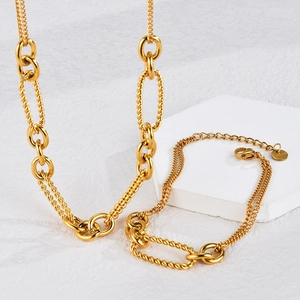 Modern layered stainless steel necklace and bracelet set with gold plating finish