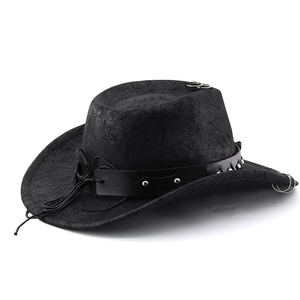 Black western cowboy hat with silver studs and metal rings in a vintage leather look
