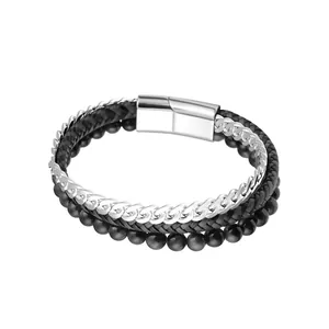 Men Multi-Layer Bracelet Braided Leather Stainless Steel Chain Lapis Lazuli Black Agate Stone Beads Magnetic Clasp Hip Hop
