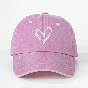 Vintage Washed Polyester Baseball Cap With Embroidered Heart Pattern Breathable Sunshade Casual Retro Adjustable Hat For Women