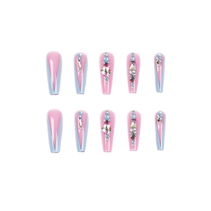Pink and blue long coffin press-on nails with luxury rhinestones and crystal accents