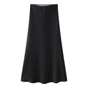 Detailed view of black satin midi skirt fabric showing smooth texture and elegant drape