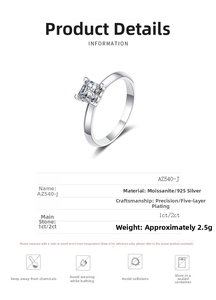 Macro shot of princess cut moissanite set in a polished four-prong 925 silver ring
