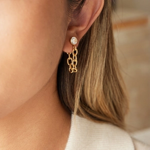 Detailed close-up of zircon tassel earrings on ear with gold chain and sparkling crystal