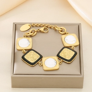 Bracciale geometrico vintage in acciaio inossidabile con vetro bianco e smalto nero