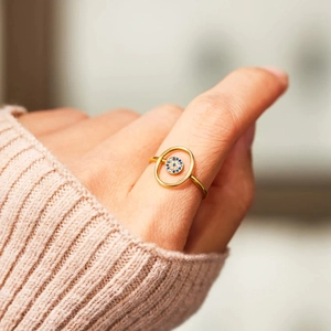 Minimalist S925 sterling silver evil eye ring with blue and white zircon stones for women