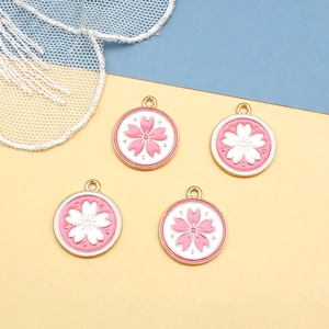 Sakura Round Charm Alloy Enamel Pink White Floral Pattern For DIY Earring Jewelry Making Keychain Necklace Gold Tone