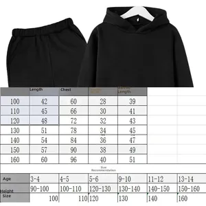 Detailed size chart for kids sweatshirt with measurements for height and age recommendation