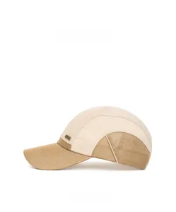 Side view of two-tone mesh baseball cap with breathable weave panels and metal logo